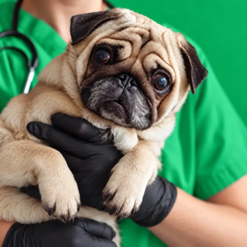 Pug no colo da veterinária